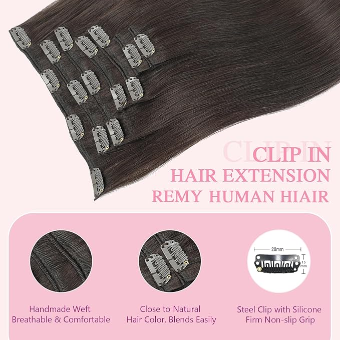 PINKPEARL Human Hair Extensions Clip ins 16inch Clip in Hair Extensions #2 Dark Brown Real Human Hair Clip on 120g 7pcs Remy Hair Clip ins for Women(#2-16)