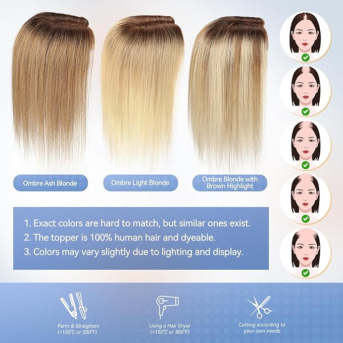 HAIRCUBE Hair Toppers 100% Real Human Hair,Ombre Ash Blonde, 5.5"*5"MONO Large Base, 56g Hand-moven Real Human HairToppers for Women with ThinningHair