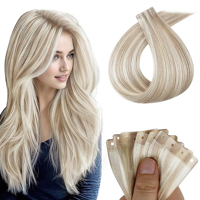 Full Shine Soft Remy PU Hair Extension Ash Blonde Highlight Blonde 18P613 Invisible Tape in Hair Extensions Human Hair Versatile As Tape in 18Inch 20PCS 50G for Women Wedding