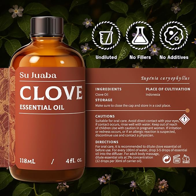 SU JUABA Clove Essential Oil 4 Oz, 100% Pure & Natural Aromatherapy Oil for Oral Care, Teeth & Gums, Diffuser, Skin, Hair - 118ML