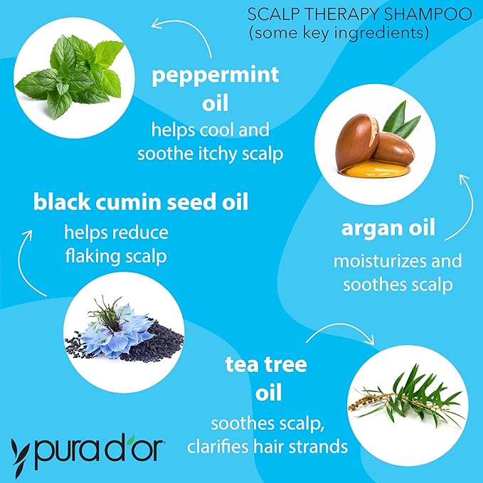 PURA D'OR Therapy Shampoo (16oz) Hydrates & Nourishes - Scalp Care Shampoo For Itchy Flaky Scalp w/ Tea Tree, Peppermint, Patchouli, Cedarwood, Clary Sage, Argan Oil (Packaging may vary)