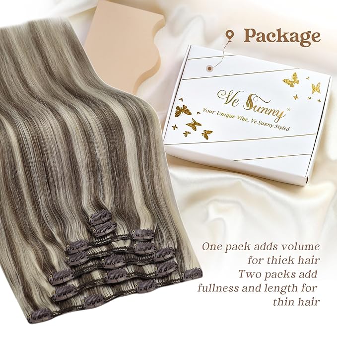 Ve Sunny Real Hair Extensions Clip in Human Hair Light Brown Highlights Platinum Blonde Hair Extensions Clip ins Thick Remy Straight Human Hair for Women 7pcs 120g 18 inch