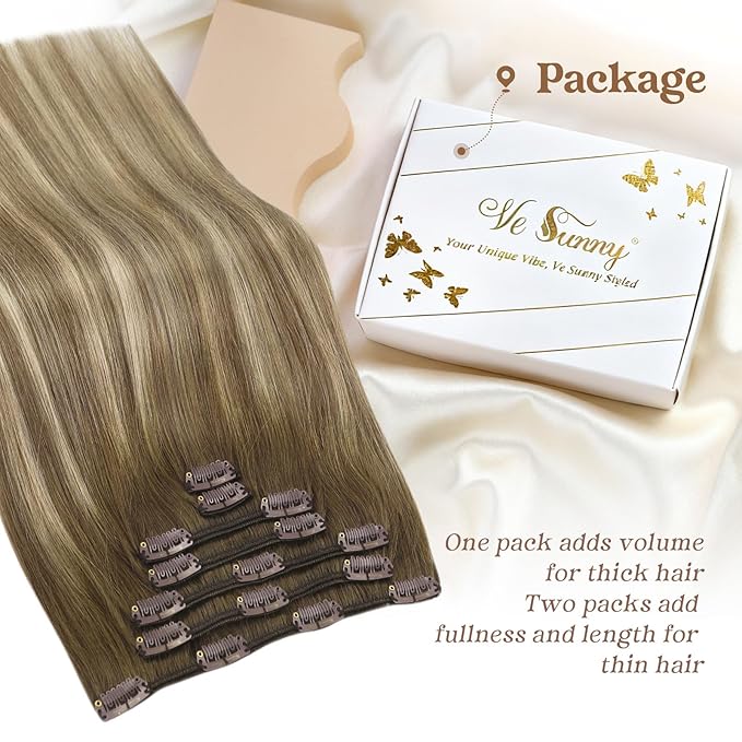 Ve Sunny Human Hair Clip in Extensions Balayage Clip in Hair Extensions Ombre Hair Extensions Clip ins Dark Brown to Light Brown with Blonde Clip on Extensions Easy to Use 16inch 120g 7pcs