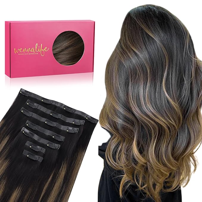 WENNALIFE Seamless Clip In Hair Extensions, 14 Inch 130g 7pcs Natural Black Mixed Chestnut Brown Hair Extensions Clip in Human Hair Invisible PU Skin Weft Natural Remy Human Hair Extensions