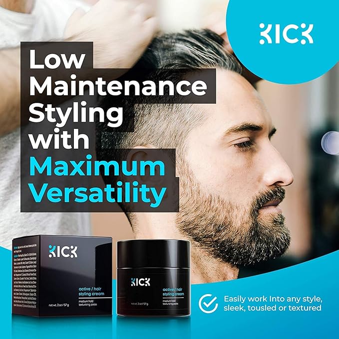 Kick Men's Medium Hold Hair Cream - Non Greasy, Thickening, Damage Control, Anti-Greying, Hydrating - 2 Oz