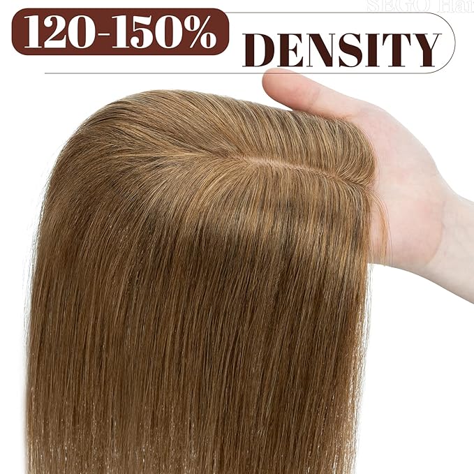 SEGO Real Human Hair Topper for Women, No Bangs Hair Topper with Anti-Slip Clips (14 Inches Light Brown)
