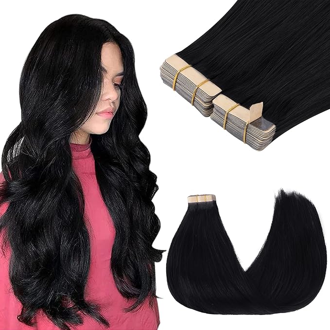 GOO GOO Tape in Hair Extensions Human Hair, 1 Jet black, 14inch 100g 40pcs, Skin Weft Seamless Invisible, Silky Straight with Thick Ends, Remy Human Hair