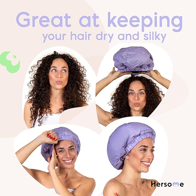 Premium Shower Cap for Women with Long Hair. Reusable, 100% Waterproof, Double-Sided, Great For Curls with Anti-Frizz Fabric terry-lined. Black shower caps for women