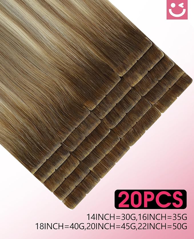Youngsmile Invisible Tape in Hair Extensions Human Hair 20pcs 35g Balayage #3/8/22 Walnut Brown to Ash Brown and Golden Blonde 20 Inch Injection tape Hair Extensions Remy Human Hair (#3/8/22,16'')