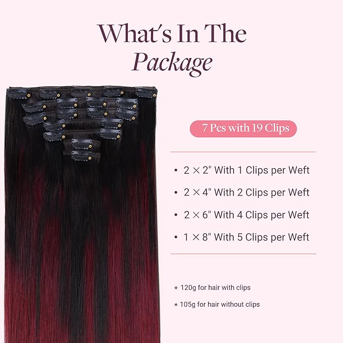 GOO GOO Clip in Hair Extensions Real Human Hair, Remy Human Hair Extensions Clip ins for Women, Natural Human Hair, 22inch 170g 7 Pcs, #1/99j Balayage Jet Black to Red