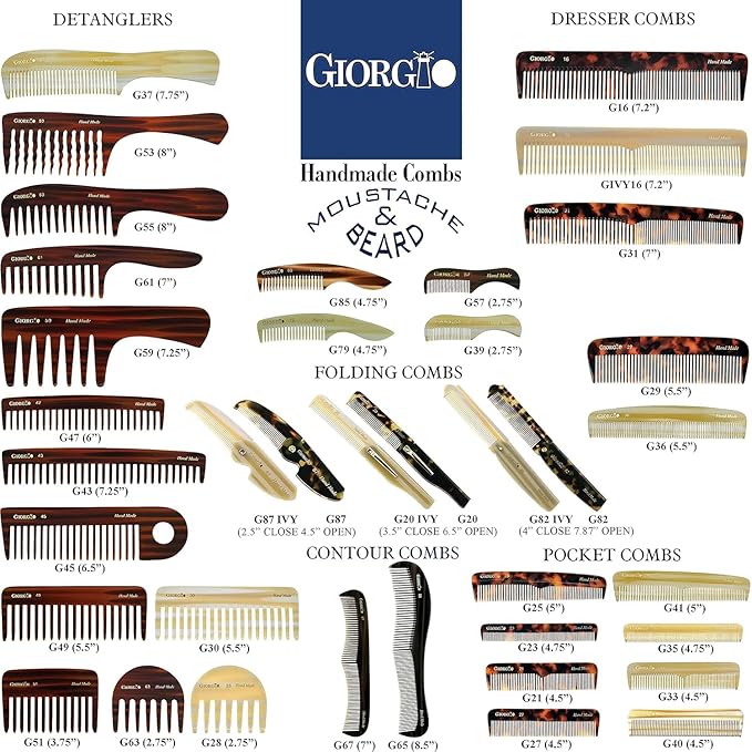 Giorgio G27 Handmade All Fine Tooth Pocket Comb, Hair Comb Straightener for Everyday Grooming Styling Hair, Mustache and Beard for Men Women and Kids, Saw Cut and Polished Black Graphite
