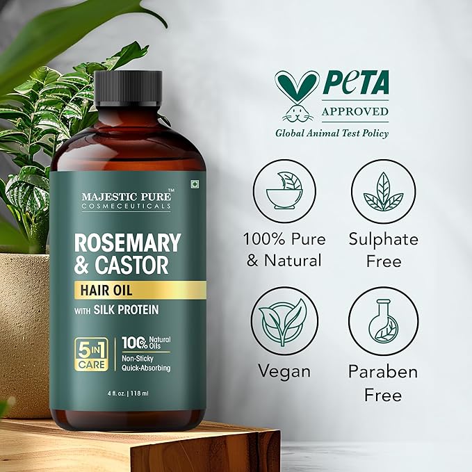 Majestic Pure 100% Pure Rosemary Oil For Hair Growth with Scalp Massager - Strengthening, Nourishing, Volumizing - Infused with Silk Protein & Castor Oil - Non GMO Verified - 4 Fl Oz
