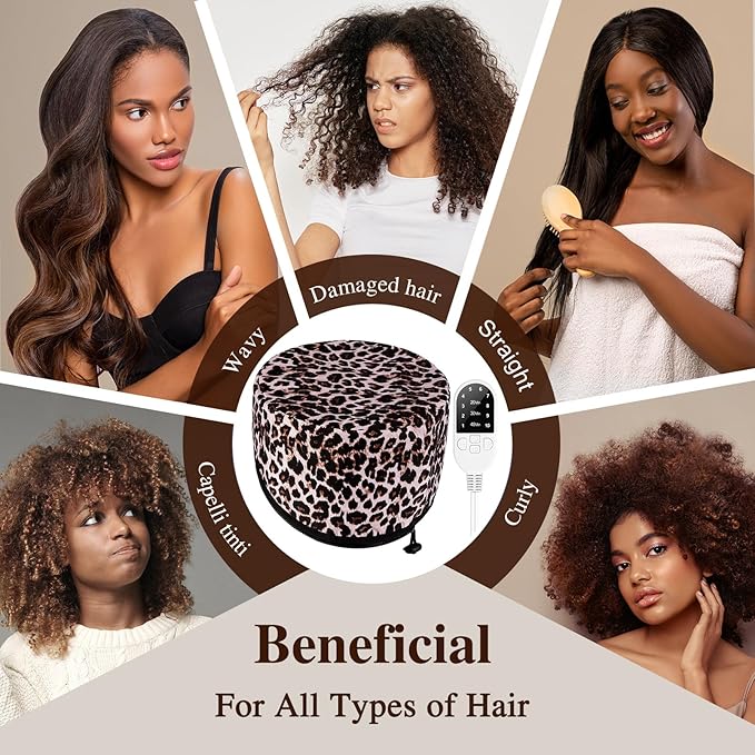 Heat Cap Leopard Thermal Steam Cap - 10-Level Heating for Deep Conditioning Natural and Black Hair at Home