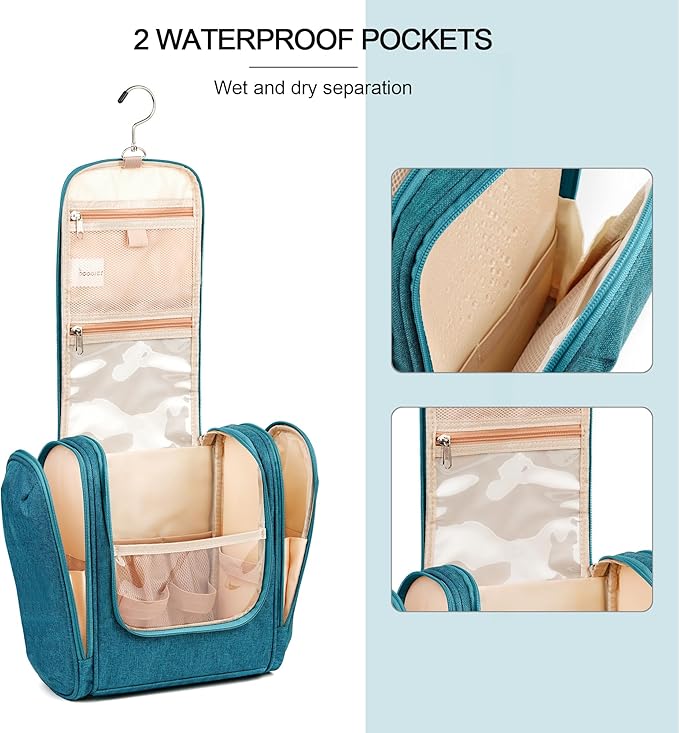 Hanging Travel Toiletry Bag for Women and Men, 6 Organizer Compartments, Large Toiletries essentials, Bathroom Cosmetic Accessories, Water-resistant Makeup Bag, Holds Full-Size Shampoo, Blue