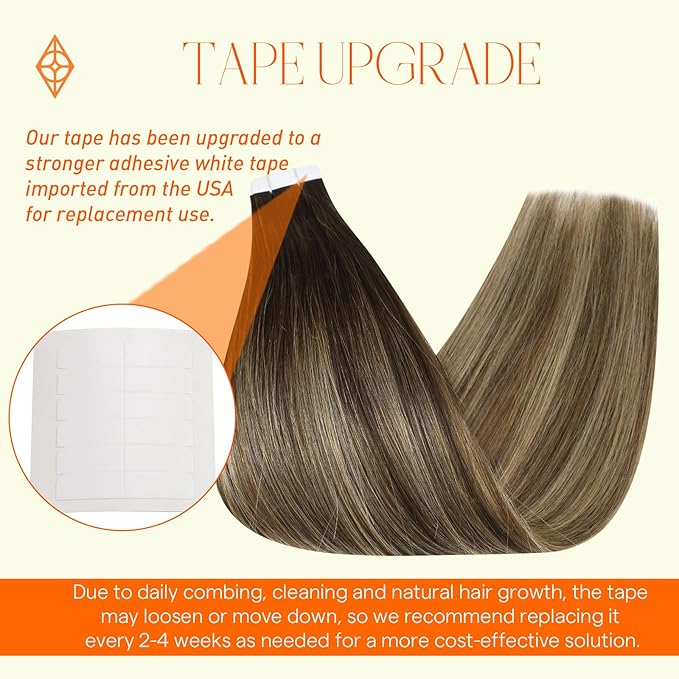 Full Shine Invisible Tape in Hair Extensions 16Inch 50Gram Color 2/3/27 Brown And Caramel Blonde Tape in Extensions Seamless Skin Weft Real Human Hair Extensions Tape ins 20 Pcs for Women