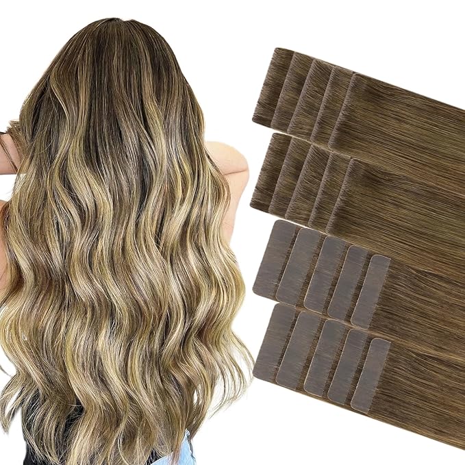 GOO GOO Invisi Edge Tape in Hair Extensions Human Hair, 3/8/613 Walnut Brown to Ash Brown and Bleach Blonde 10pcs injected with 10pcs classical tape ins, 22inch 50g, Virgin Remy Hair, Natural Look