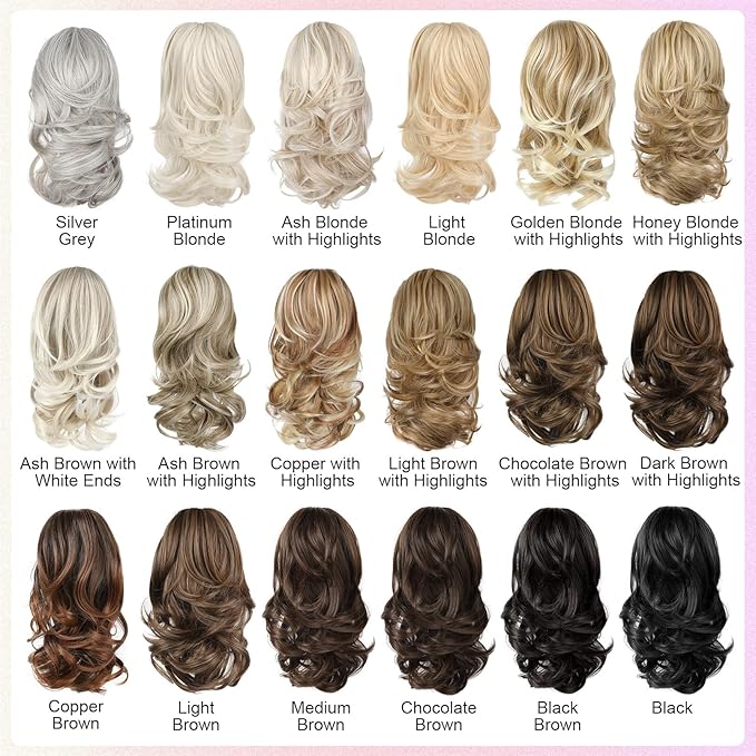 Ponytail Extension - 14" Claw Clip in Ponytail Hair Extensions Natural Soft Synthetic Layered Wavy Pony Tail Hair Pieces for Women - Light Brown with Highlights