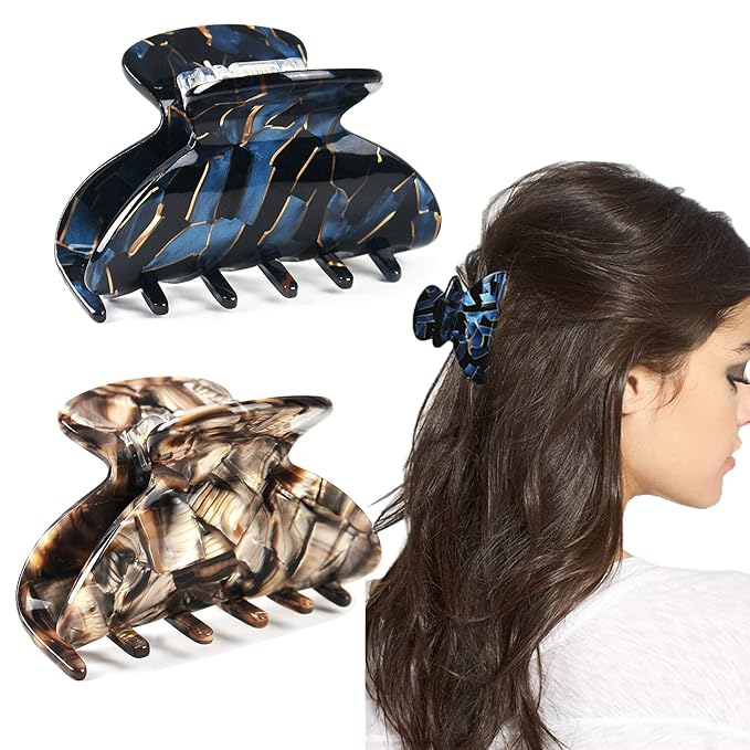 2Pcs Medium Tortoise Shell Claw Hair Clips, Elegant French Design Celluloid Hair Jaw Grips for Women