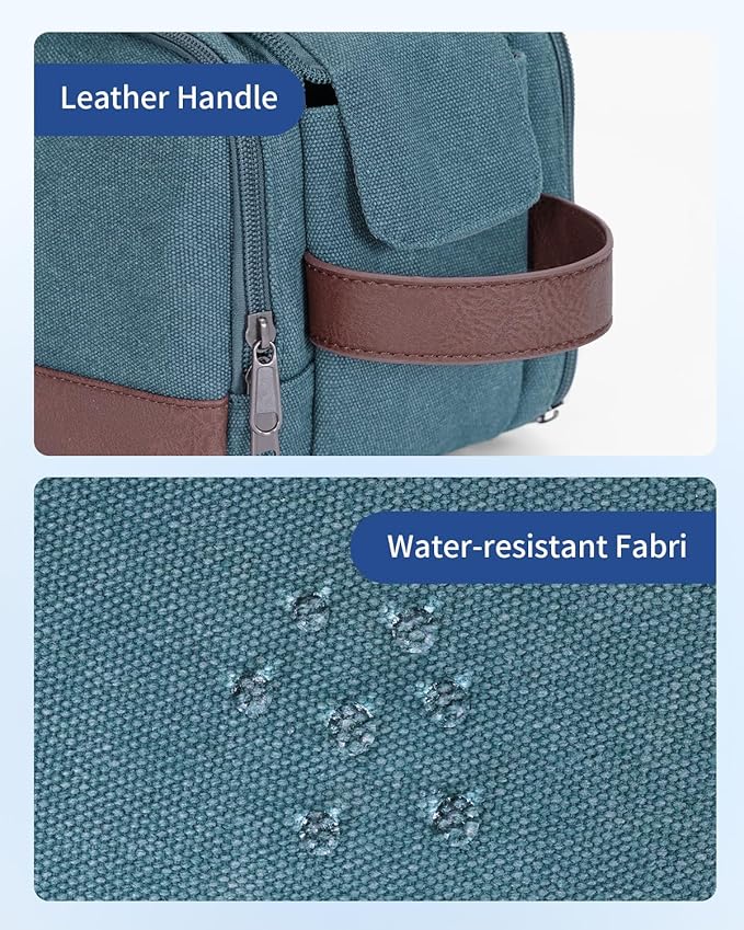 WANDF Toiletry Bag for Men Travel Toiletry Organizer Canvas and Leather Dopp Kit Water-Resistant Shaving Bag for Travel Accessories (Blue-Green, Large)