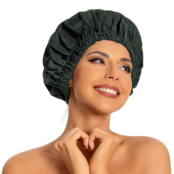Reusable Shower Cap for Women, Large Waterproof Shower Essentials Bonnet Washable Elastic Band Bath Hair Wrap Hat for Long Hair, Braids(Dark Green)
