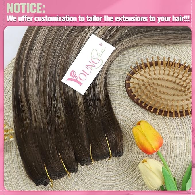 YoungSee 130G Wire Human Hair Extensions Brown Balayage Invisible Wire Hair Extensions Ombre Dark Brown with Ash Blonde Thick Human Hair Fish Line Extensions for Women 20Inch