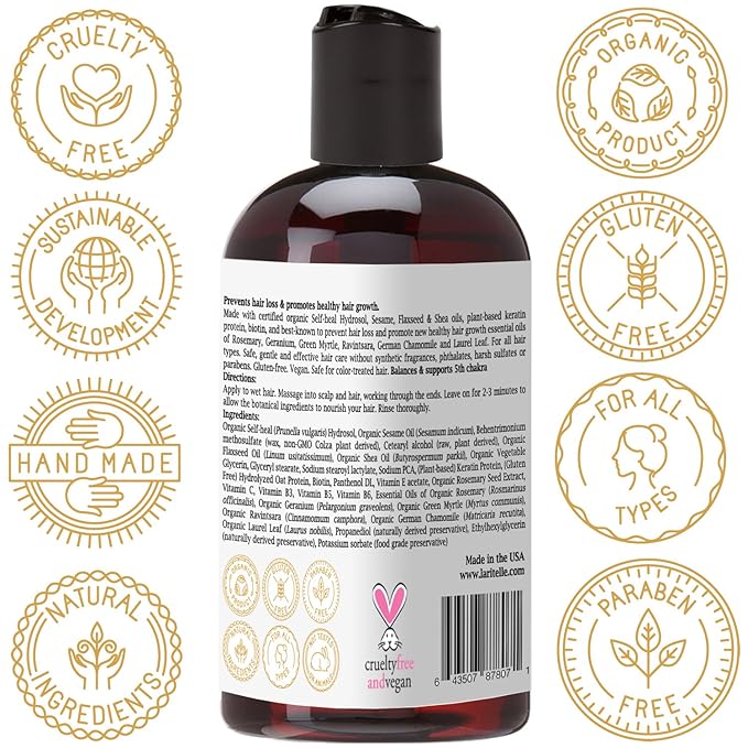 Laritelle Organic Travel Size Conditioner 2 oz | Organic Prunella, Sesame, Flaxseed, Shea + Keratin + Biotin + Renewing Hair Growth Rosemary, Geranium, Myrtle, Ravintsara, Chamomile & Laurel Leaf | GF