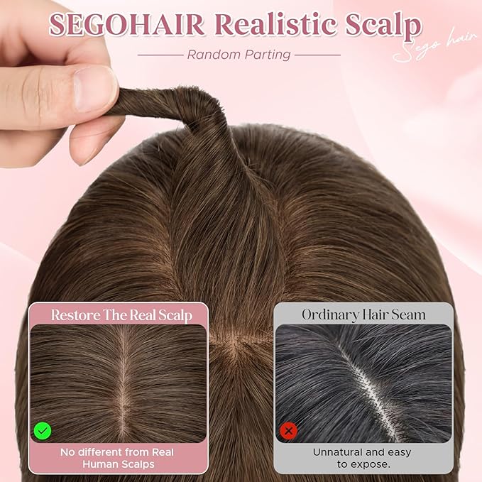 Real Human Hair Toppers for Women 3.54"*4.72" Silky Base 150% Density With Bangs Adjustable Parting Clip-In Topper Hairpieces for Women with Thinning Hair 10 Inches Natural Brown