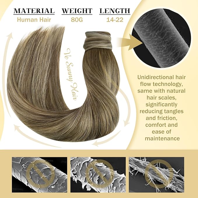 Ve Sunny Hair Extensions Ponytail Real Human Hair Wrap Around Clip in Ponytail Hair Extensions Straight Extensions Human Hair for Women Walnut Brown Ombre Light Brown Balayage Blonde 18inch 80G