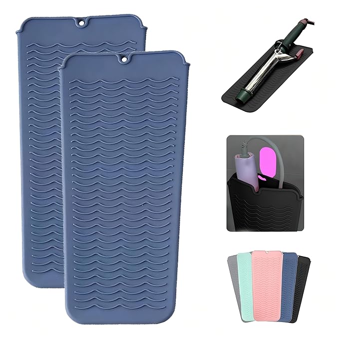 2 Pcs Professional Silicone Heat Resistant Mat Pouch for Curling Iron, Flat Iron and Other Hot Tools, Portable Travel Mat and Cover for Hair Styling Tools with Hanging Hole (2PCS Blue)