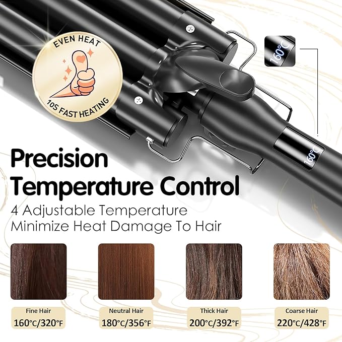 Hair Crimper 1 Inch, 3 Barrel Beach Wave Curling Iron, Foldable 25mm 3 Barrel Hair Waver, Adjustable 4 Temperature Settings Heat Up Quickly Hair Curler Curling Wand with LCD Temperature Display
