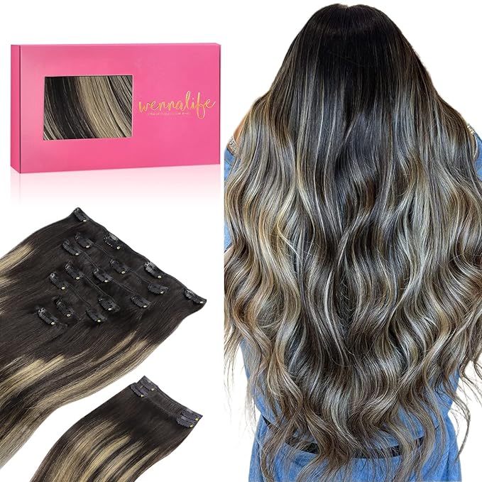 WENNALIFE Clip in Hair Extensions Real Human Hair, 18 Inch 150g 9pcs Balayage Natural Black to Light Blonde Remy Hair Thicker Double Weft Extensiones De Cabello Humano Con Clip Ins Straight Volume