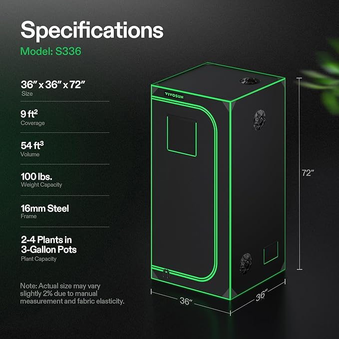VIVOSUN S336 3x3 Grow Tent, 36"x36"x72" High Reflective Mylar with Observation Window and Floor Tray for Hydroponics Indoor Plant for VS2000/VS3000