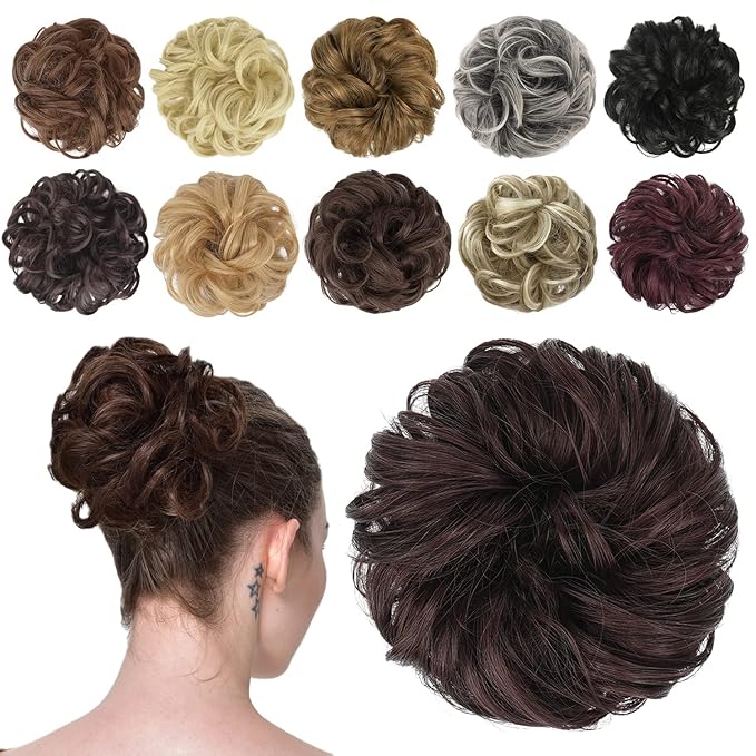 FESHFEN Messy Bun Hair Piece - Elastic Wavy Curly Hair Bun Scrunchies Extensions Synthetic Chignon Hairpieces for Women Girls, Black Cherry 1.5 oz