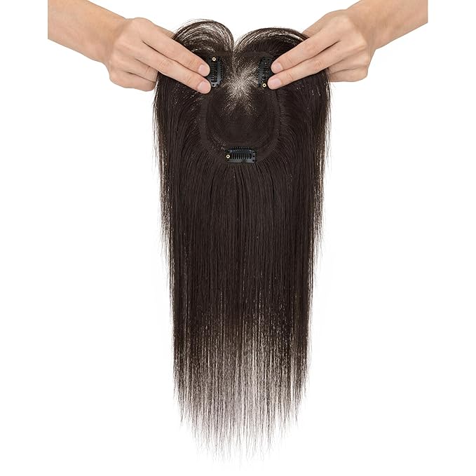 Hairro Human Hair Toppers with Wispy Bangs, 3D 360° Seamless Real Hair Toppers, Hand-Tied with 3.5"x4.7" U-shaped Base, Clip-In Hairpieces to Add Volume on Top, 12 Inch Dark Brown