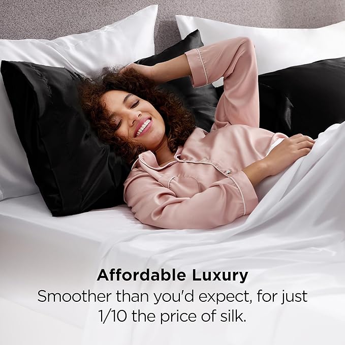 Bedsure Satin Pillowcase 2 Pack Similar to Silk Pillow Cases Standard Size, Pillow Case for Sleeping Women with Envelope Closure, Gifts for Women Men, Black, 20x26 Inches, 2pcs