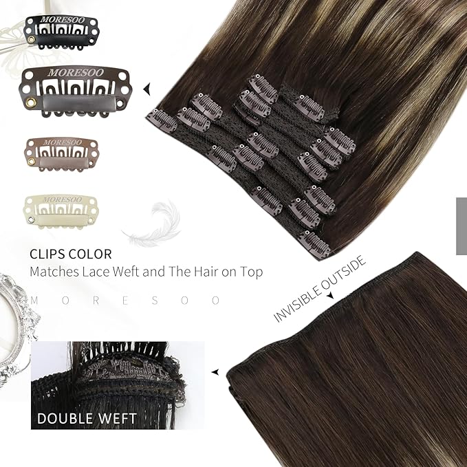 Moresoo Clip in Hair Extensions Balayage Brown Remy Human Hair Clip in Extensions Dark Brown Mixed with Caramel Blonde 7Pcs/120G 20inch