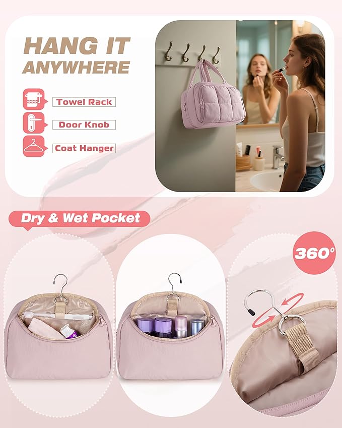 Travel Toiletry Bag for Women with Hanging Hook, Water Resistant Puffy Makeup Organizer with Leak Proof Pockets for Toiletries and Cosmetics - Pink (Bag Only)
