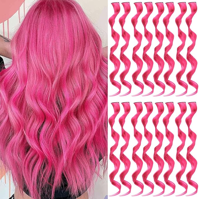 16 Pcs Colored Hair Extensions Curly Wavy Clip in Synthetic Hairpiece Streak for Girls Women Kids, Multi-colors Party Highlights Cosplay Festival Favor Gift(Hot Pink)