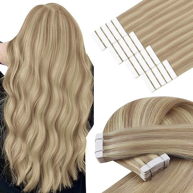 YoungSee Human Hair Tape in Extensions Highlight Blonde Tape ins Hair Extension Golden Blonde Mix Light Blonde Highlight Hair Extensions Real Human Hair Tapes Invisible Natural Looking 14 In 20pcs 50g