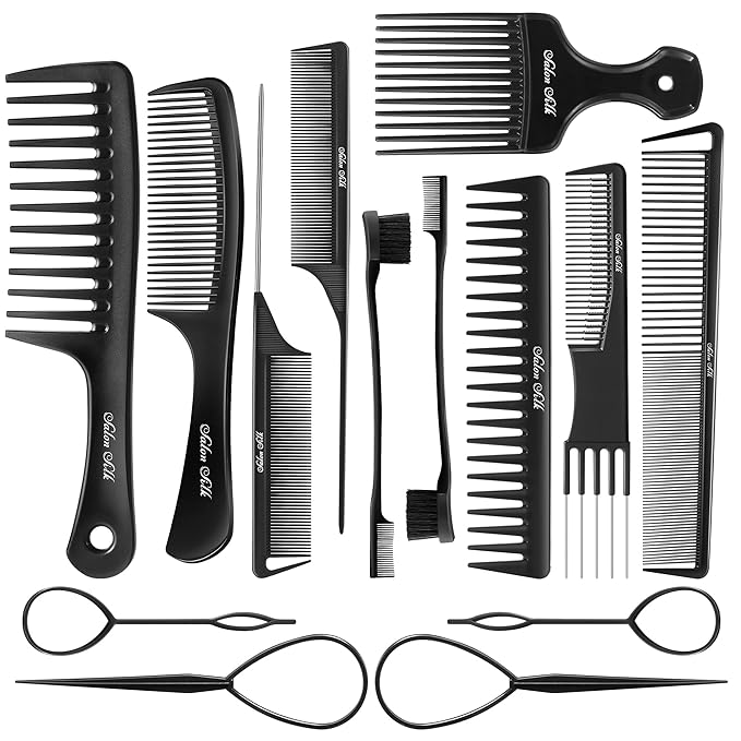 SALONSILK Women Hair Comb Set - 14PCS Wide Tooth Rat Tail Styling Combs Pick for Curly - Teasing Parting Fine Professional Barber Cutting Braiding Set