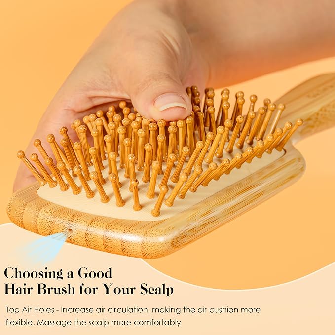GAINWELL Bamboo Hair Brush for Hair Growth, Natural Bamboo Bristles Detangling Square Wooden Paddle Hairbrush for Massaging Scalp, for Women Men and Kids, for All Hair Types, with Ergonomic Handle