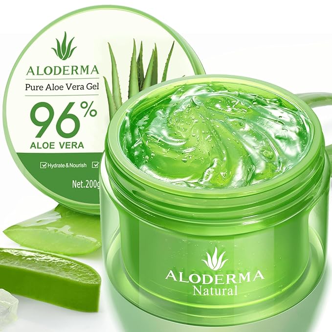 Aloderma Organic Aloe Vera Gel for Face & Body, 96% Pure Aloe Gel Made within 12 Hours of Harvest, Ideal for Skin, Scalp, & Hair Hydration, Calming Moisturizer for Soothing After Sun Care, 7.05oz