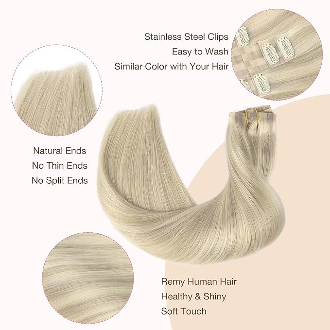 GOO GOO Clip in Hair Extensions Real Human Hair, Remy Human Hair Extensions Clip ins for Women, Natural Human Hair, 18inch 110g 7Pcs, 17A/60A Ash Blonde Highlighted Platinum Blonde