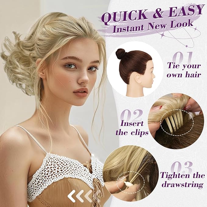 BARSDAR Ombre Blonde Drawstring Ponytail Extensions - 10 Inch Short Wavy Drawstring Comb Clip in Pony Tails Hairpieces for Women - Synthetic Short Wavy Blonde Ombre Ponytail Hair Extensions