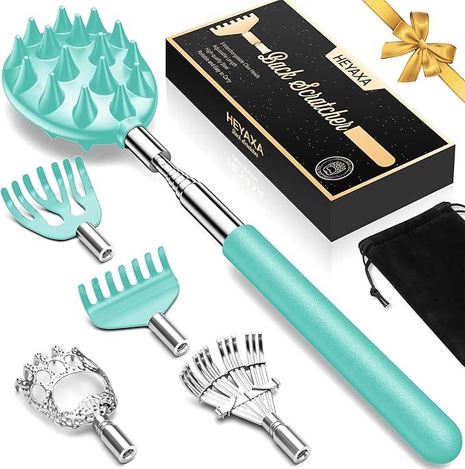 Telescoping Back Scratcher with 5 Detachable Heads, Gifts for Christmas, Stocking Stuffers for Men, Women, Him, Her, Dad, Funny White Elephant Gifts for Adults, Gift Box Included