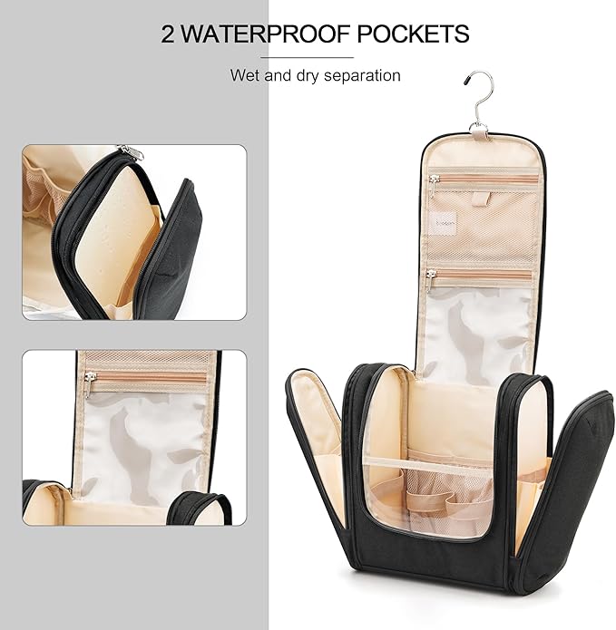 Hanging Travel Toiletry Bag for Women and Men, 6 Organizer Compartments, Large Toiletries essentials, Bathroom Cosmetic Accessories, Water-resistant Makeup Bag, Holds Full-Size Shampoo, Black