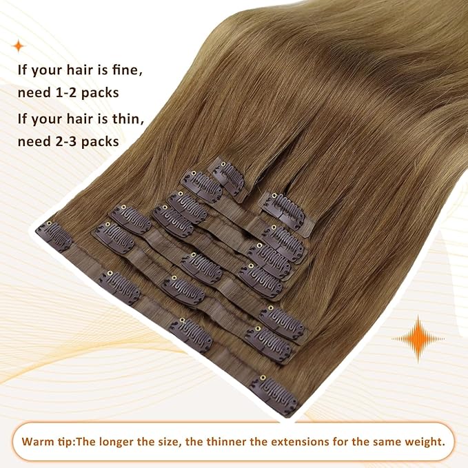 Full Shine Seamless Clip in Hair Extensions Human Hair Ombre Light Brown to Blonde Invisible Hair Extensions Skin Weft Ease of Use 14 Inch 8 PCS 120 Grams