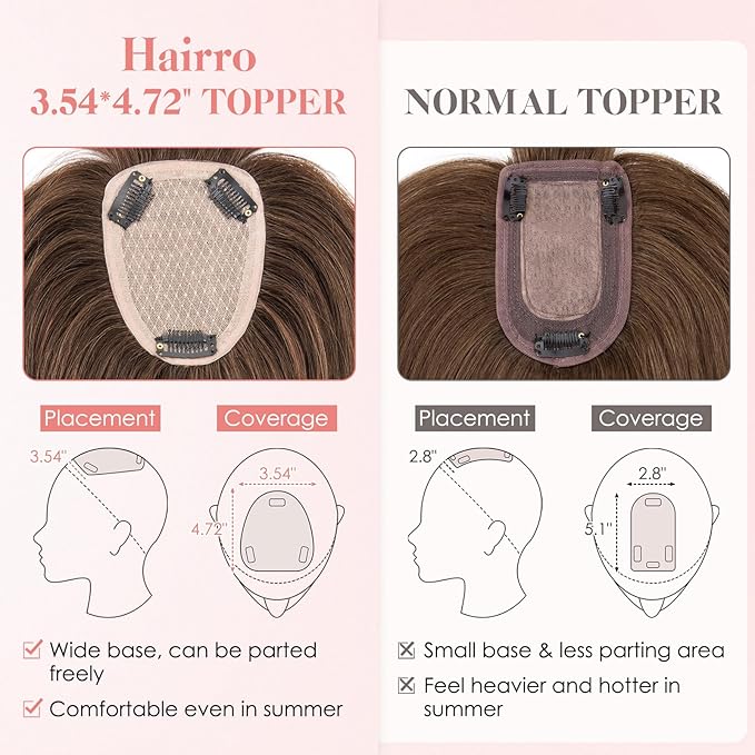 Hairro Human Hair Toppers with Wispy Bangs, 3.5x4.7" Hand-wovened Base for Women with Thinning Hair, Lightweight & Breathable Realistic Scalp, Clip-in Hairpieces for Easy Wear, 14 Inch Dark Brown
