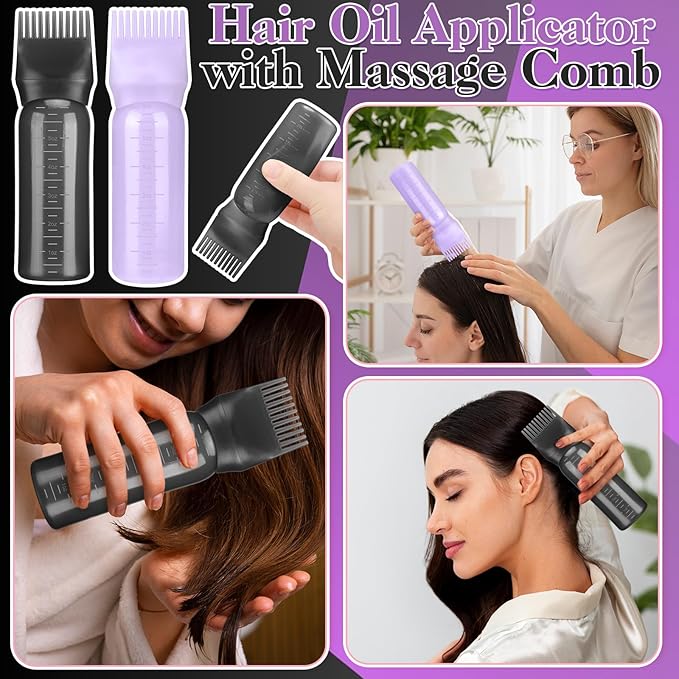 2 Pack Hair Oil Applicator Bottle for Scalp with Massage Comb,6 OZ Hair Oil Bottle with Root Comb for Scalp, Shampoo Scrubber Applicator,Hair Dye Tools(Black, purple)
