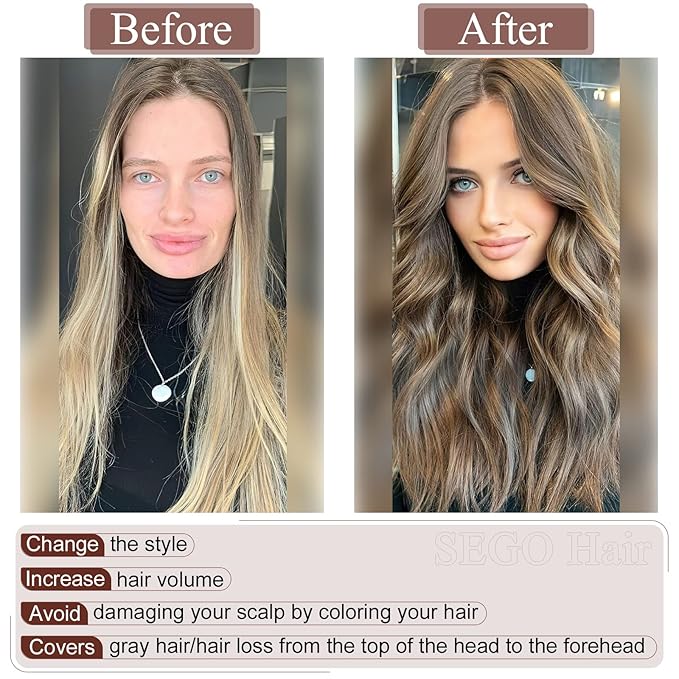 SEGO Real Human Hair Topper for Women, No Bangs Hair Topper with Anti-Slip Clips (14 Inches Light Brown)
